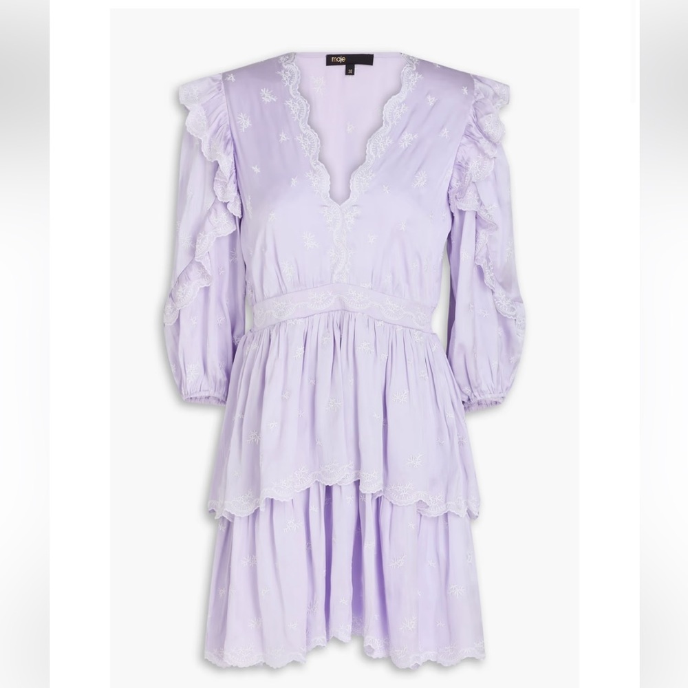 Maje Lavender tiered embroidered satin mini dress